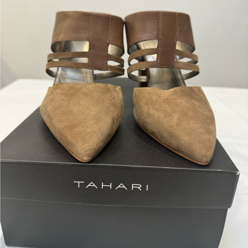 Tahari Katrina Taupe Backless Suede Leather Heels Size 10